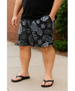 Short Estampado Elastano Plus Size Grande Bermuda praia Preto Folhas